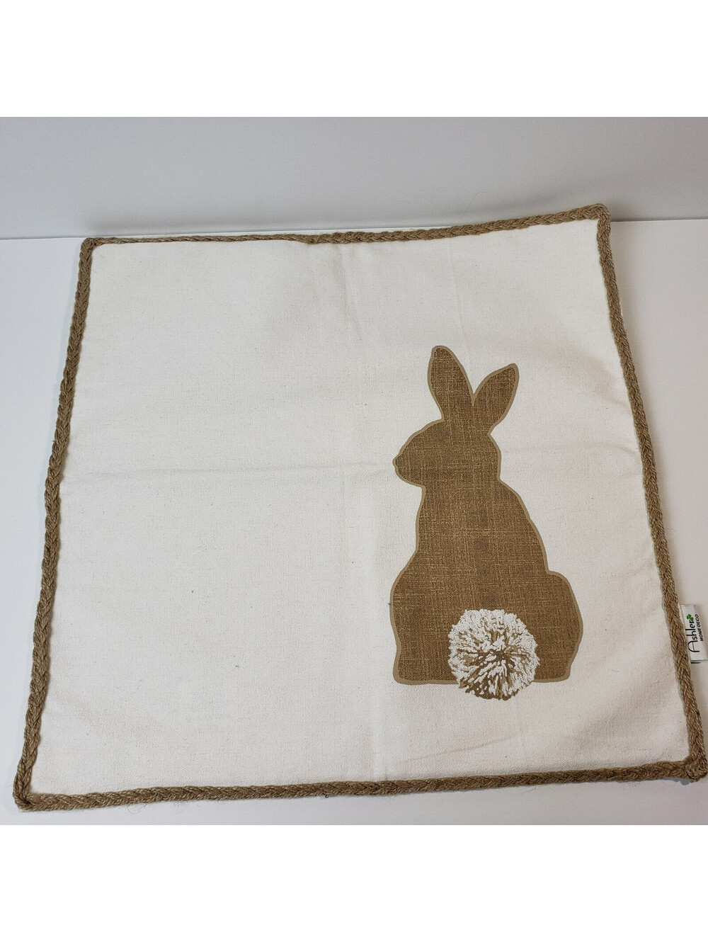 Cotton Linen Square Pillow Cover Bunny Rabbit Braided Twine Trim Ashler 18"